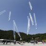 North Koran defectors release balloons carrying leaflets condemning North Korean leader Kim Jong Un and his government’s policies, in Paju, near the border with North Korea.