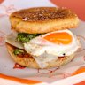 Egg and cheese muffin with goat’s gouda, shallot chimichurri and jalapeno relish.