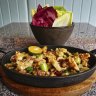 Sizzling pork jowl and green lip abalone sisig.