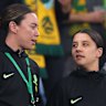 Mackenzie Arnold and Sam Kerr during a friendly between the Matildas and South Korea in April.