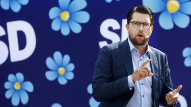 Flowers not swastikas, Leader of the Sweden Democrats, Jimmie Akesson campaigns in Sundsvall, Sweden.