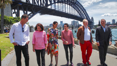 From right, Waverley mayor John Wakefield, Woollahra mayor Peter Cavanagh, City of Sydney lord mayor Clover Moore, North Sydney mayor Jilly Gibson, Mosman mayor Carolyn Corrigan and Northern Beaches mayor Michael Regan, who have agreed to connect parks and lands around Sydney to create an 80 kilometre walk between Bondi and Manly.
