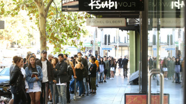 Shoppers line Oxford St for the Ksubi denim fashion sale at their flagship store on Saturday. 