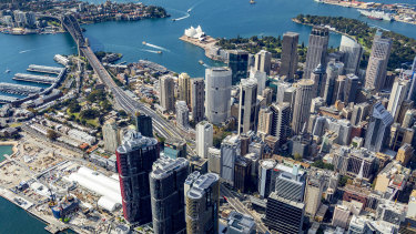 A high, steep shot from over the International Towers at Barangaroo, facing north over the Rocks and Circular Quay.