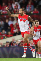 Lance Franklin celebrates a goal on Sunday.