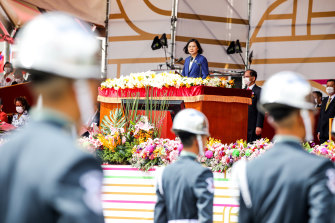 Tsai Ing-wen, Taiwan’s president, speaks during the National Day celebration in Taipei in October. She said the island is facing “unprecedented challenges” and will defend its sovereignty.