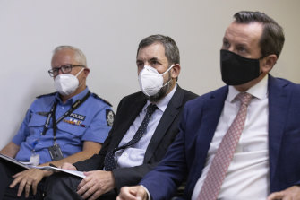Police Commissioner Chris Dawson, Chief Health Officer Dr Andrew Robertson and Premier Mark McGowan.