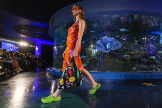A model walks the runway in a design by Gorman during the Aquarium runway show at Melbourne Fashion Week at Sea Life on Wednesday.