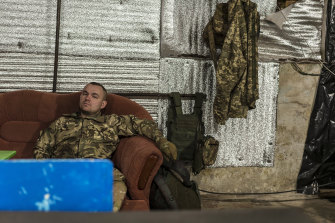 Major Oleksandr Sak, who requested a drone to target a separatist unit firing 122-millimetre artillery guns at an unfinished new bridge, rests at a Ukrainian Army base in Hranitne.
