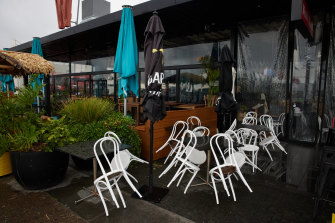 Chairs and tables outside a closed cafe in Auckland, New Zealand.
