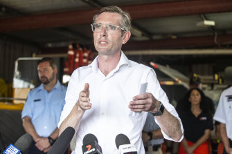 NSW Premier Dominic Perrottet in Ballina at the local SES station on Friday.
