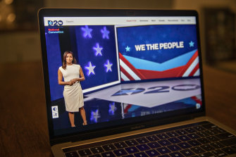 Actress and activist Eva Longoria speaks during the virtual Democratic National Convention seen on a laptop in Tiskilwa, Illinois.
