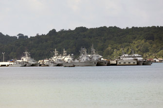 Vessels are moored at the Ream Naval Base near Sihanoukville, Cambodia. A Chinese company was granted a 99-year lease in 2018 for 33 square kilometres of the coastline that falls within Ream National Park to develop a resort. 