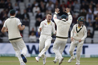 Marnus Labuschagne celebrates taking the wicket of Jack Leach.
