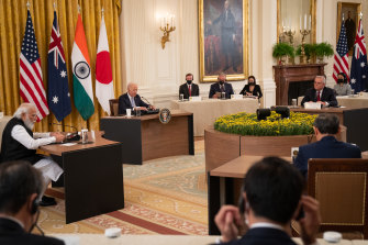 Last year’s Quad meeting was hosted by US President Joe Biden and attended by India’s Prime Minister Narendra Modi (left), Japan’s Prime Minister Yoshihide Suga (bottom right) and Prime Minister Scott Morrison. 