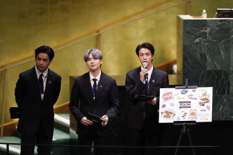 Members of of South Korean K-pop band BTS speak at the United Nations.