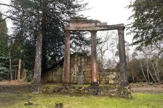 Part of the Leptis Magna Roman ruins taken from Libya and reassembled at Virginia Water in Windsor Great Park, Surrey, UK.