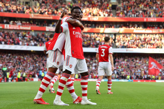 Bukayo Saka after scoring for Arsenal in the north London derby.