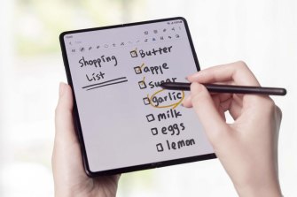 The Galaxy Fold3 works with an S-Pen stylus and has a selfie camera hidden beneath the display.