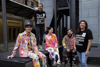 Designer Jordan Gogos from Iordanes Spyridon Gogos, Anna Plunkett and Luke Sales from Romance Was Born, Grace Lilian Lee from First Nations Fashion and proud Yuwi person and model mentor Perry Mooney at Sydney’s Powerhouse Museum.