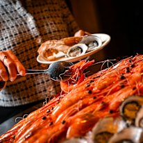 The seafood tower at the Collins Kitchen buffet at Grand Hyatt.