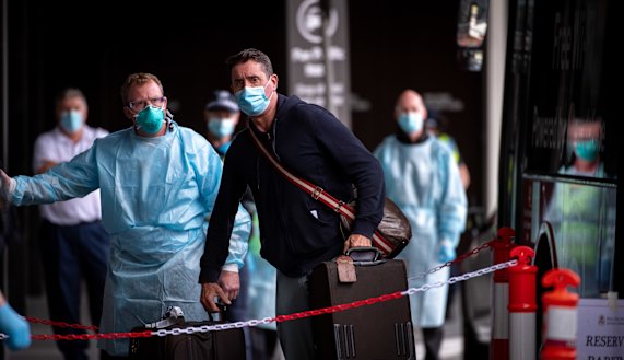 The first group of international passengers arrive at the Pan Pacific Hotel in South Wharf. 