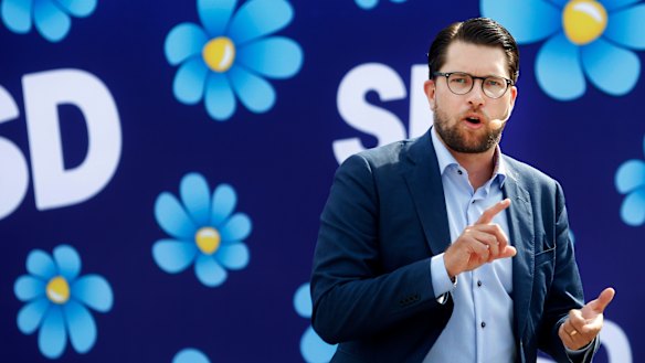 Flowers not swastikas, Leader of the Sweden Democrats, Jimmie Akesson campaigns in Sundsvall, Sweden.