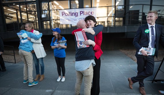 Candidates for Higgins: Liberal's
Katie Allen (far left), Labor's Fiona McLeod and Greens' Jason Ball at the Toorak Library on Saturday.