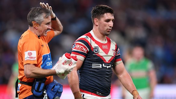 Victor Radley is taken from the field for a head injury assessment in round 13 against the Raiders.