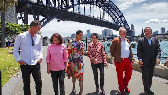 From right, Waverley mayor John Wakefield, Woollahra mayor Peter Cavanagh, City of Sydney lord mayor Clover Moore, North Sydney mayor Jilly Gibson, Mosman mayor Carolyn Corrigan and Northern Beaches mayor Michael Regan, who have agreed to connect parks and lands around Sydney to create an 80 kilometre walk between Bondi and Manly.
