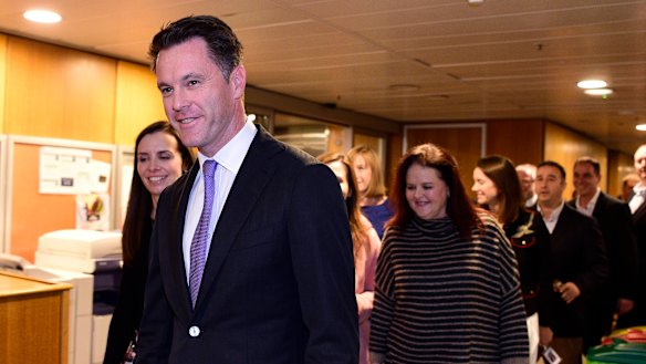 Kogarah MP Chris Minns and his supporter arrive for NSW Labor leadership ballot at NSW Parliament House on Saturday.