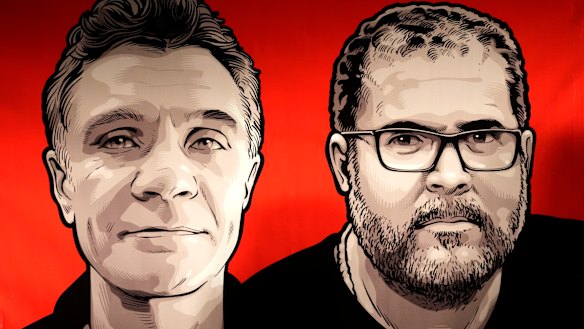 Images of British journalist Dom Phillips, left, and Indigenous affairs expert Bruno Araujo Pereira on a sign by employees of the National Indigenous Foundation, FUNAI, during a vigil in Brasilia, Brazil.