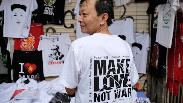 Hanoi T-shirt maker Duc Truong Thanh models his favourite Donald Trump and Kim Jong-un creation.