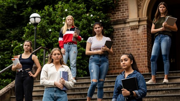 Students (left to right) Lily Mauger, Heidi Crookes, Paulina Elvshenkova, Emily Storey, Caitlyn Russo and Anja Larson, are residents of the Women’s College at the University of Sydney. Many of their college mates have returned home due to the coronavirus outbreak but they would prefer to stay and are worried the government might close the college.