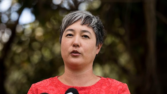 Greens MP Jenny Leong speaking to the media on Tuesday. 