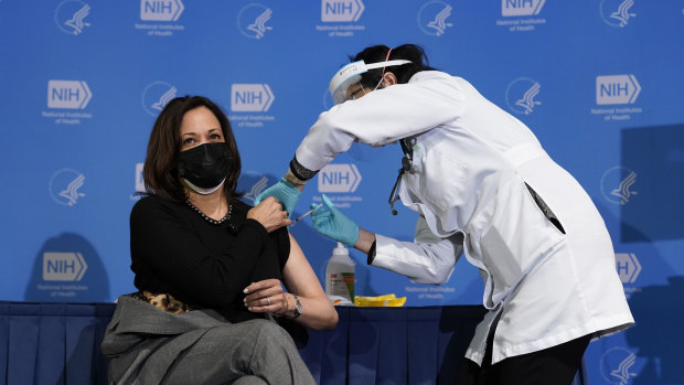 US Vice-President Kamala Harris as she received her second COVID jab early this year. The higher rate of vaccinations will protect America from large-scale economic damage in a Delta variant surge, Goldman Sachs says.