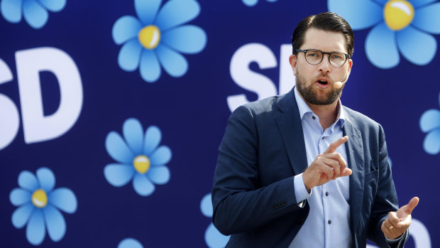 Flowers not swastikas, Leader of the Sweden Democrats, Jimmie Akesson campaigns in Sundsvall, Sweden.