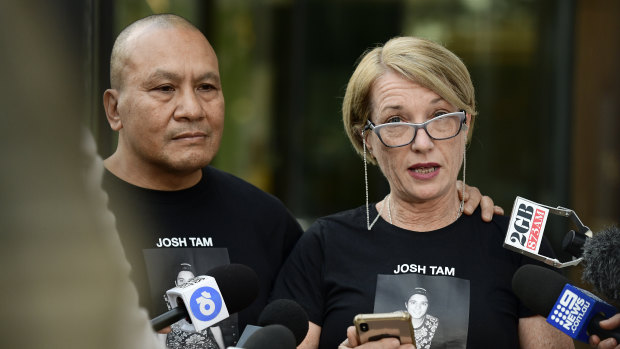 John and Julie Tam, parents of Joshua Tam, who died at the Lost Paradise music festival in December 2018, speak to the media outside the Coroner's Court. 