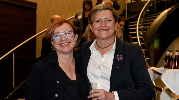 Virginia Flitcroft and wife Christine Forster, Tony Abbott's sister, at the former PM's tribute dinner on Thursday.