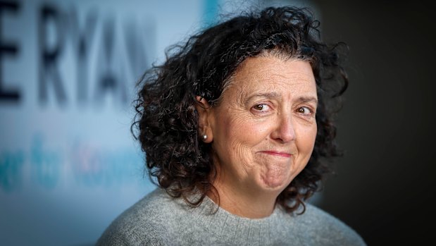 Monique Ryan claims the seat of Kooyong outside her office on Monday afternoon.