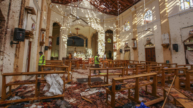 A view of St Sebastian's Church, damaged in a blast in Negombo, north of Colombo, on Sunday.