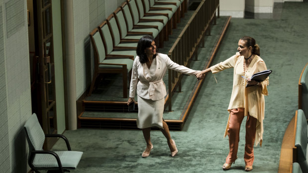 Independent MP Julia Banks and Labor's Anne Aly after a division in the House of Representatives.