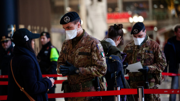 A military checkpoint at Milan's central station.