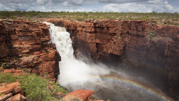 Western falls on the King George River in flood in the remote North Kimberley of Western Australia.