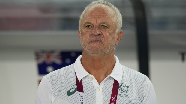 Graham Arnold pictured during a Socceroos match against Egypt at the Tokyo Olympics.