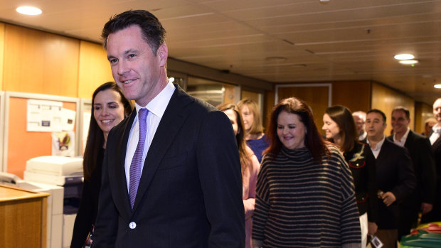 Kogarah MP Chris Minns and his supporter arrive for NSW Labor leadership ballot at NSW Parliament House on Saturday.