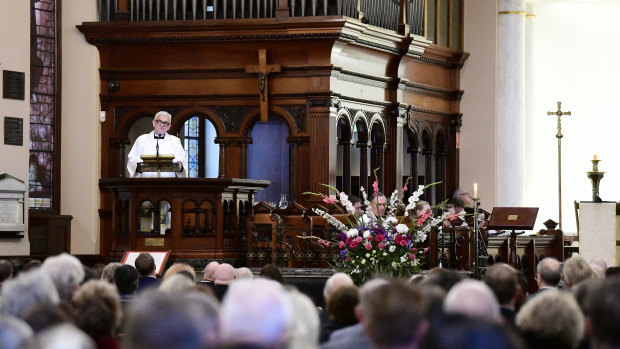 Reverend Peter Kurti speaks during the memorial service for parishioner and Australian climber Ruth McCance.