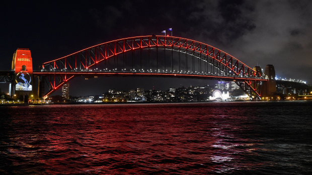 Redzel's barrier draw is projected on a pylon of the Sydney Harbour Bridge on Tuesday night.