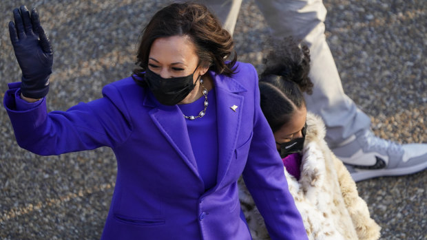 Vice-President Kamala Harris walks in the parade during the Presidential Escort, part of Inauguration Day.