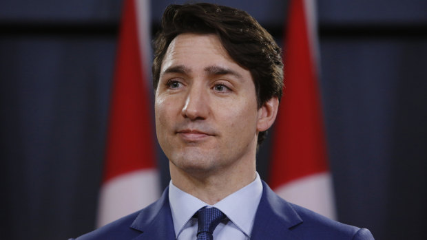 Canadian Prime Minister Justin Trudeau at a news conference at the National Press Theatre in Ottawa.